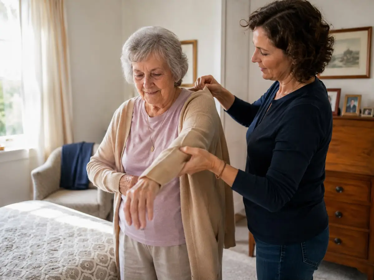 Woman helping an older person put on a cardigan