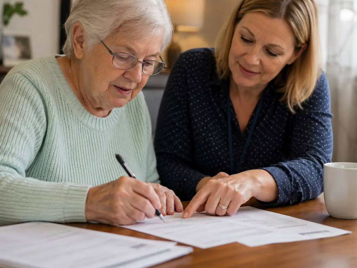 Older woman receiving help to complete a form